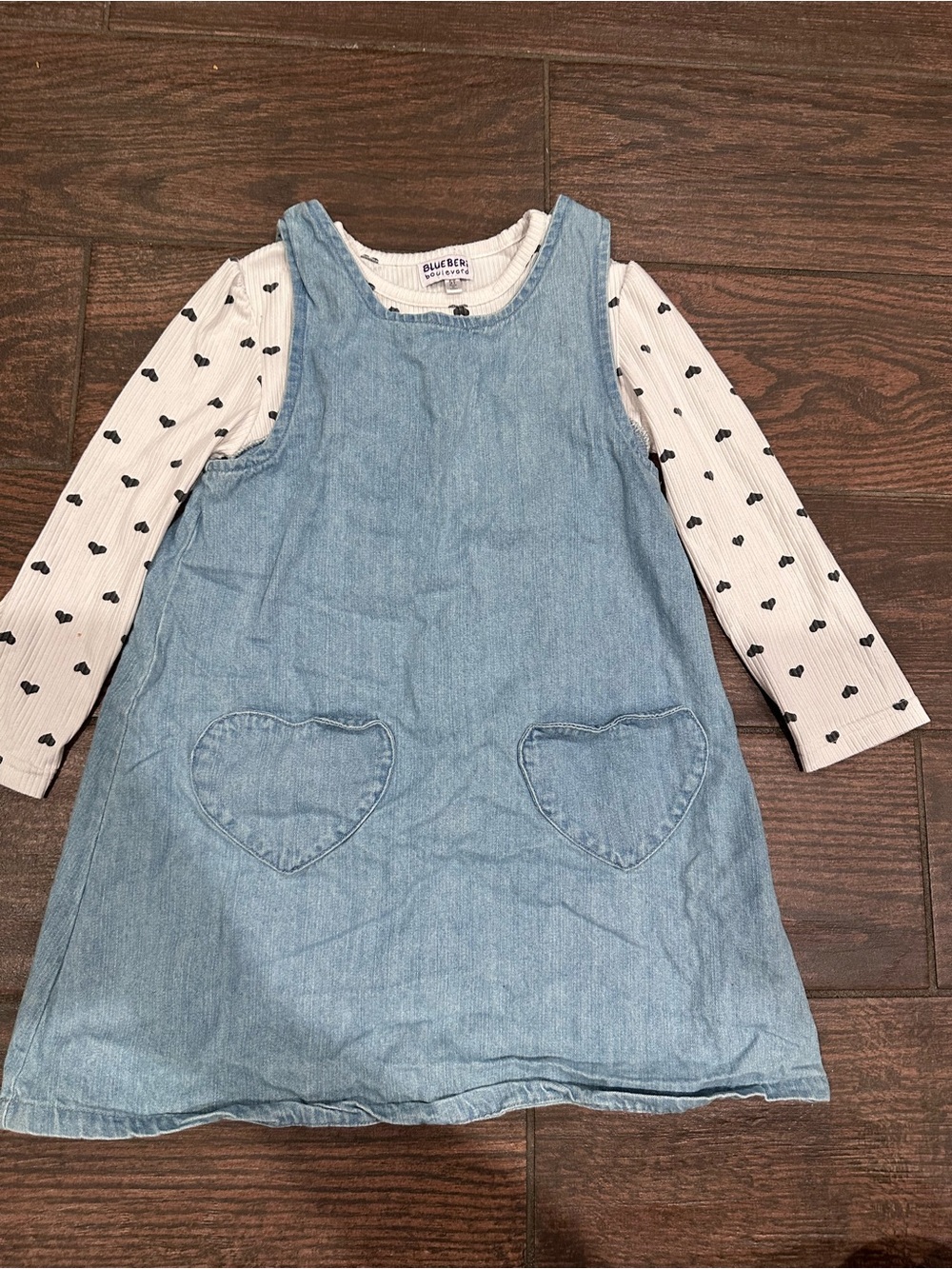 Blueberi Boulevard Light Blue Denim Pinafore with White Heart-Print Top